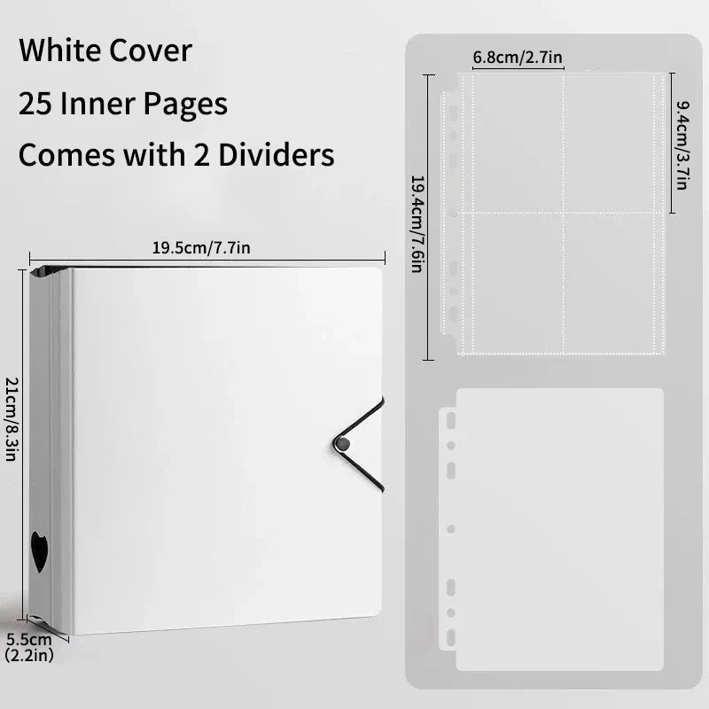 White cover photo card binder with 25 inner pages and 2 dividers shown in a flat layout.