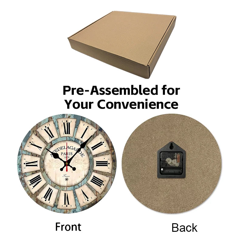 Front and back views of a pre-assembled Roman numeral wooden wall clock with a light blue distressed finish