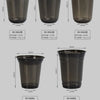 A set of black disposable U-shaped coffee cups shown from various angles and sizes.