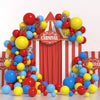 A colorful balloon garland arch kit featuring red, yellow, and blue balloons with star foil accents.