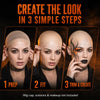 A tutorial image showing three steps to create a bald look using a wig cap for cosplay or theater.