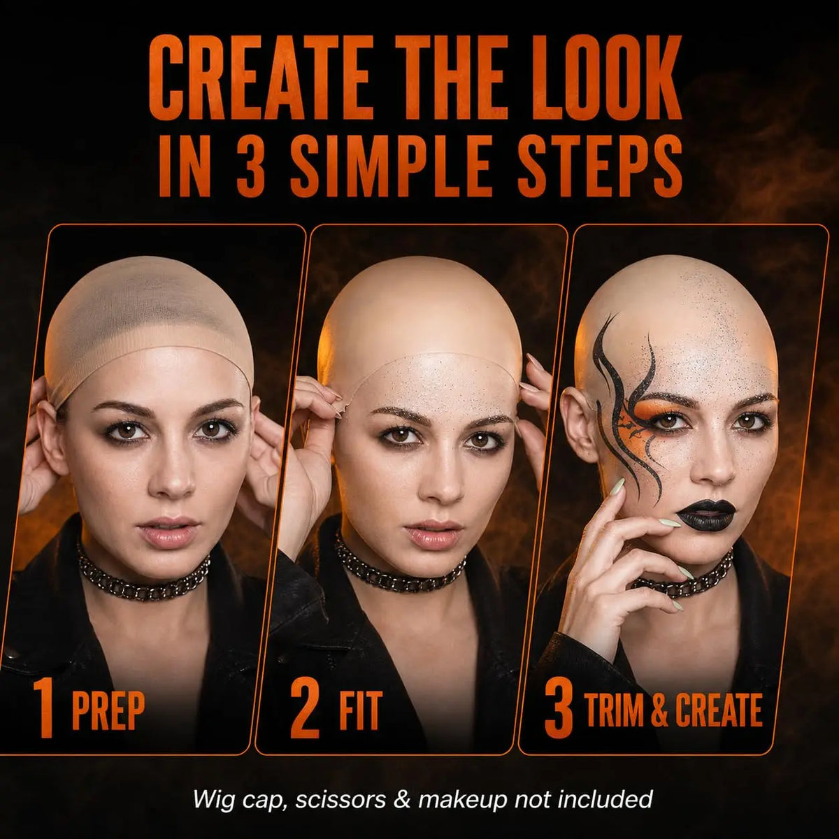 Tutorial image showing three steps to create a bald look using a wig cap for cosplay or theater