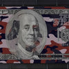 A canvas print depicting a 100 dollar bill with Benjamin Franklin and the seal of the United States.
