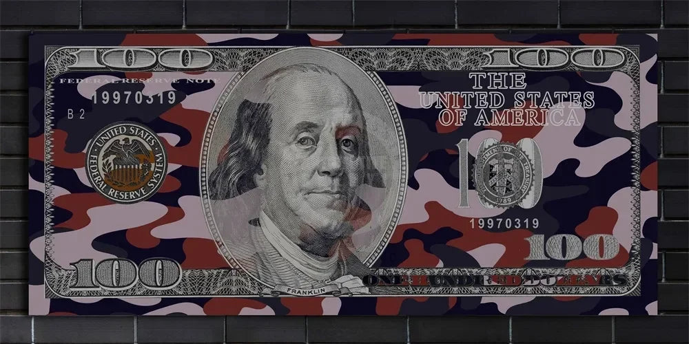 A canvas print depicting a 100 dollar bill with Benjamin Franklin and the seal of the United States.
