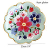 Eight-piece floral disposable plates featuring pink, purple, and red flowers on a light blue background.