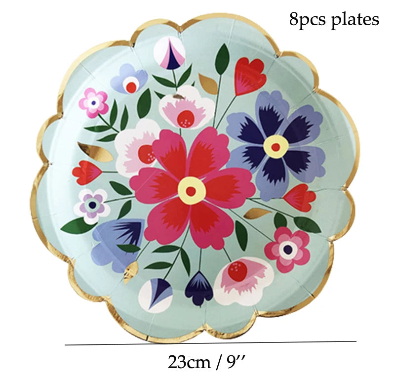 Eight-piece floral disposable plates featuring pink, purple, and red flowers on a light blue background.