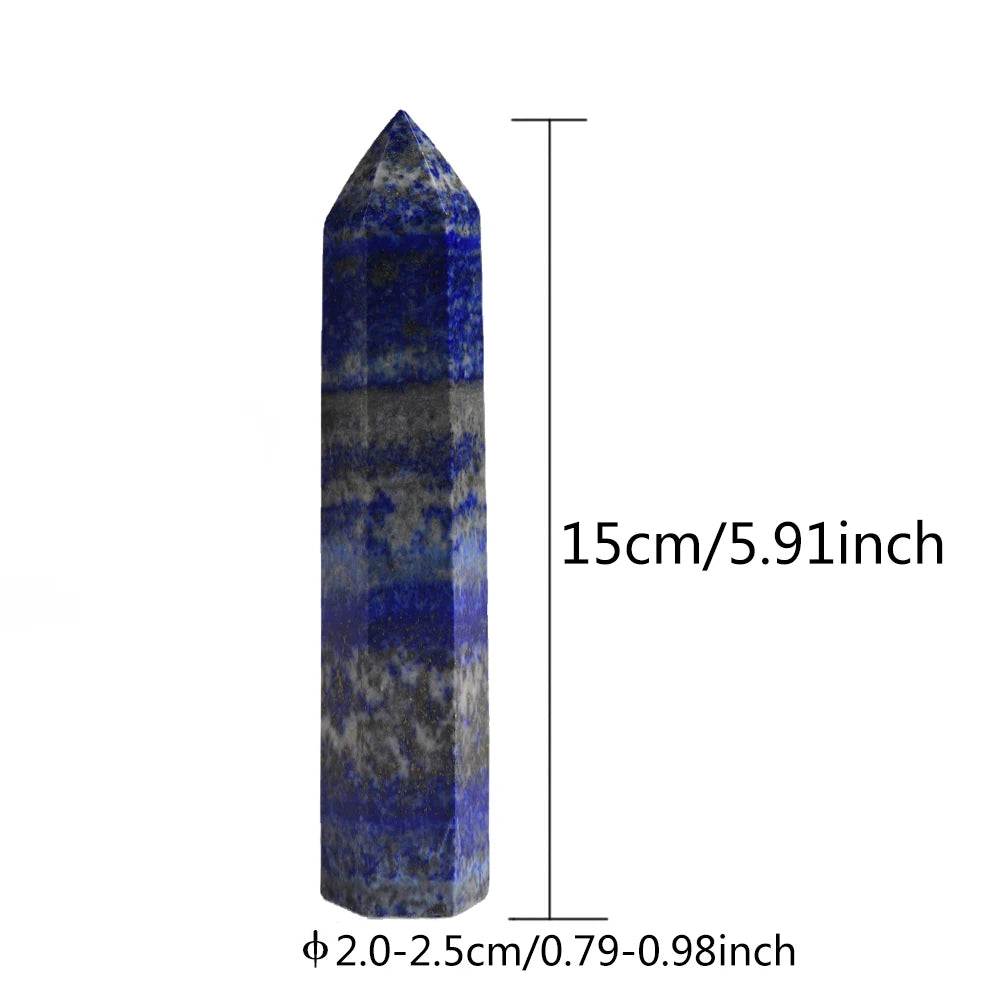 A tall, pointed polished lapis lazuli crystal tower with a dark blue and gray striated pattern.
