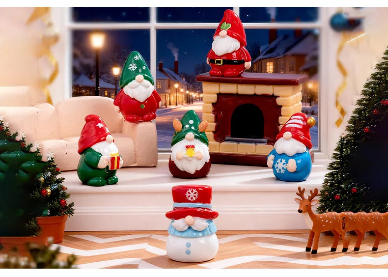 Festive resin Christmas dwarf figurine set featuring Santa, elves, and reindeer decorations