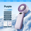 A purple Kinscoter handheld fan with a grille and battery, shown against a snowy background.
