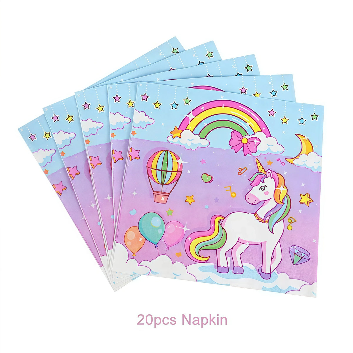 A set of 20 colorful napkins featuring unicorns, rainbows, and clouds for a birthday party.