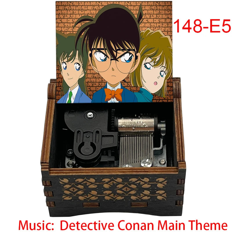A wooden music box featuring anime characters from Detective Conan, including a main theme tune.