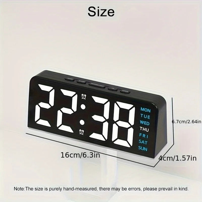 A black LED digital alarm clock displaying the time 22:38 with ambient glow and date information.
