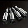 A set of silver heavy-duty shelf support pegs with screws are displayed on a dark surface.