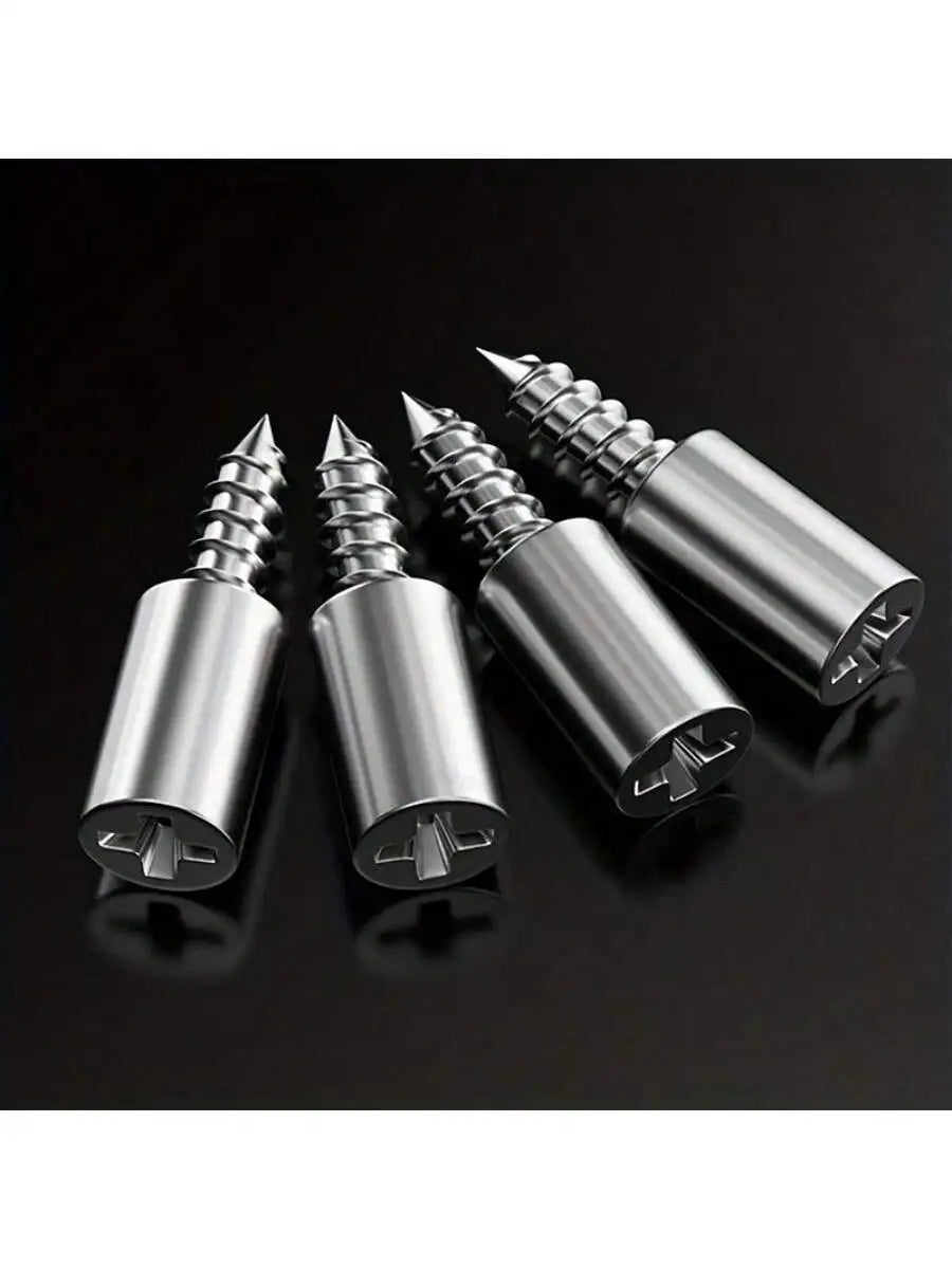A set of silver heavy-duty shelf support pegs with screws are displayed on a dark surface.