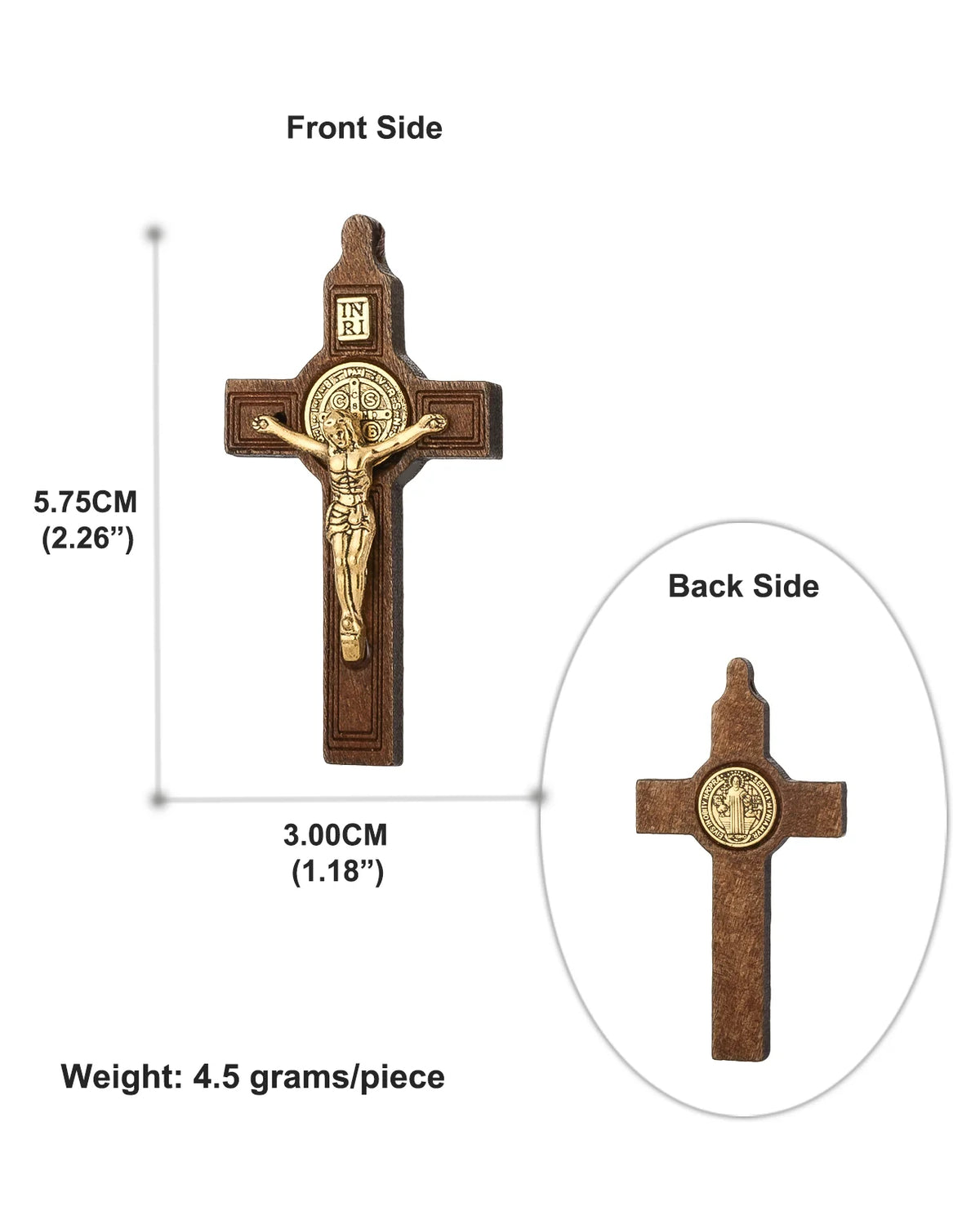 Front and back views of a wooden St. Benedict crucifix pendant set with a figure of Christ.