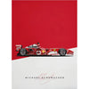 Modelo de coche de Fórmula 1 rojo sobre fondo rojo con la firma de Michael Schumacher debajo.