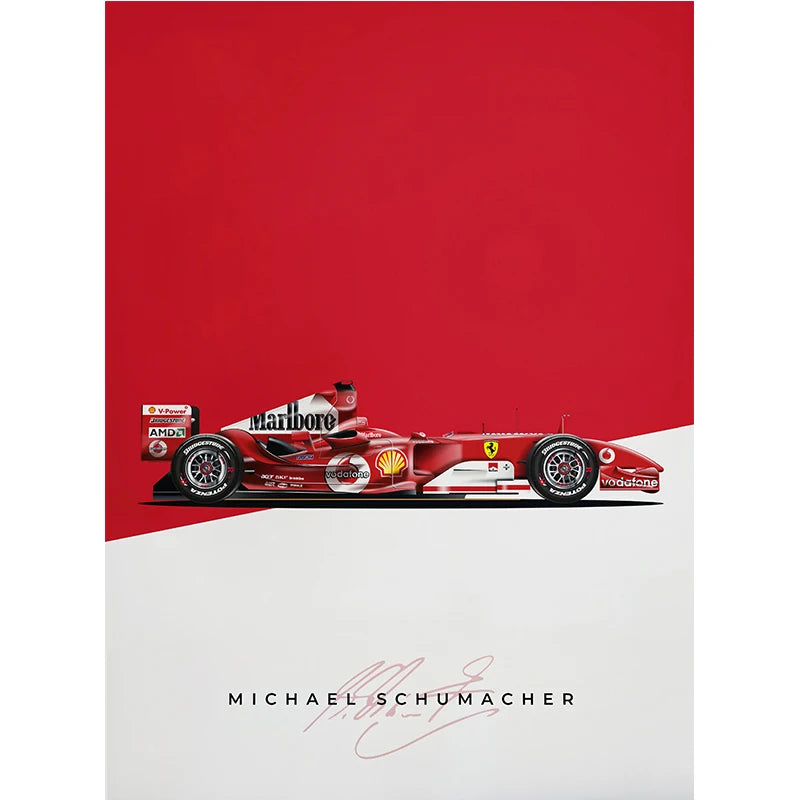Modelo de coche de Fórmula 1 rojo sobre fondo rojo con la firma de Michael Schumacher debajo.