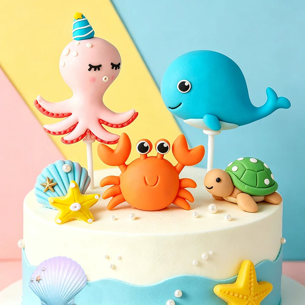 A cake decorated with ocean animal toppers including a crab, turtle, octopus, whale, starfish, and shell.