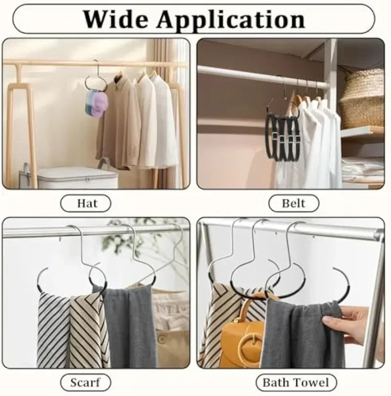 Various multi-purpose closet hooks for hats, belts, scarves, and bath towels shown in a wide application display.
