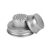 Stainless steel mason jar shaker lid with a perforated top and a smooth cap.