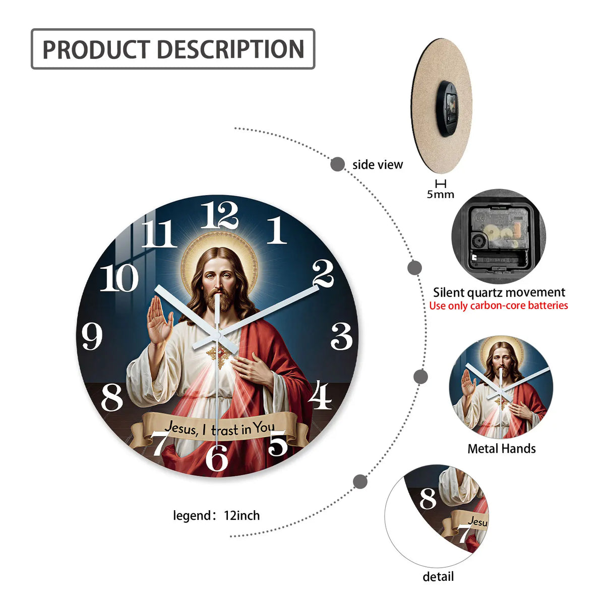 Sacred Heart Wooden Wall Clock with Silent Quartz Movement