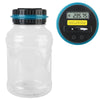 A clear plastic jar with a black lid and an attached digital coin saving device displaying the price €235.75
