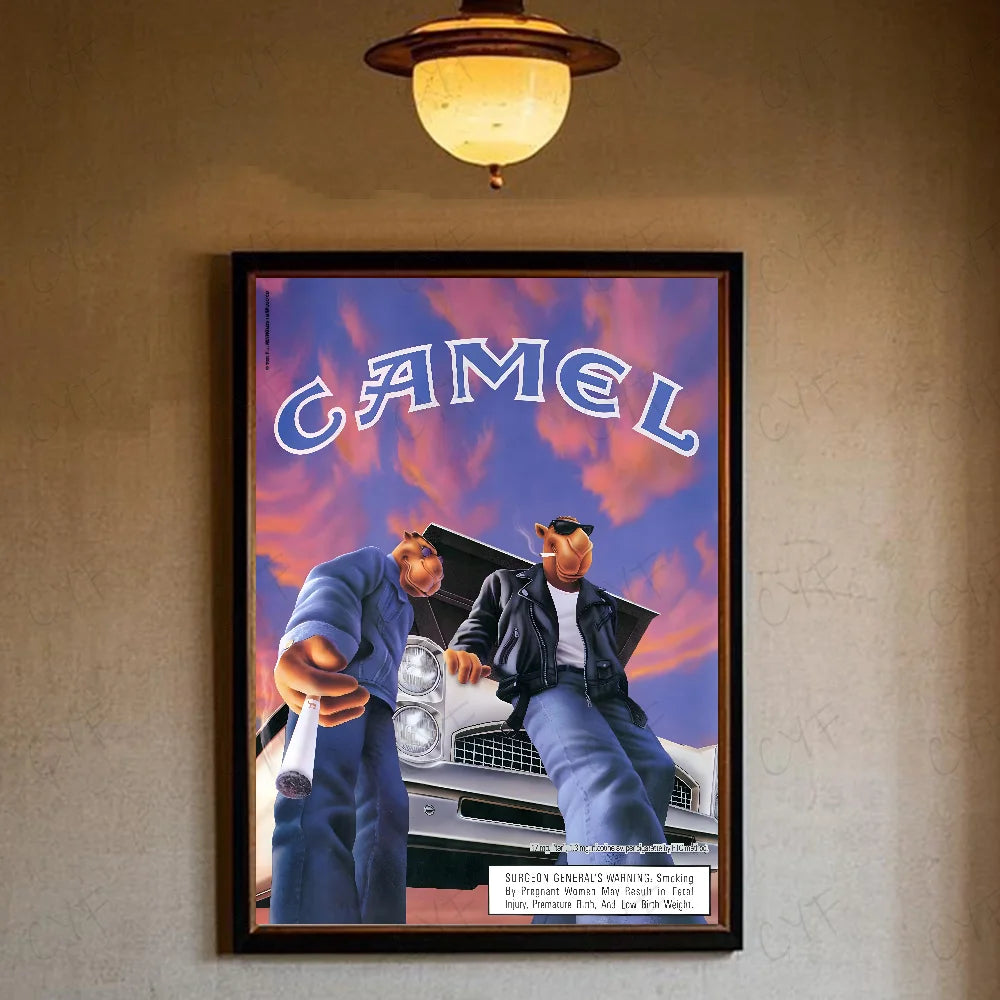 A vintage retro poster featuring a depiction of Camel cigarettes and two men.