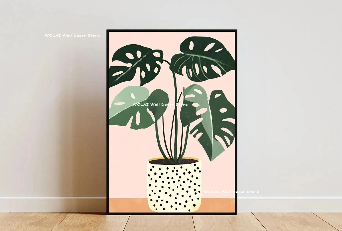 Botanical Philodendron canvas wall art featuring large green leaves on a pink background.