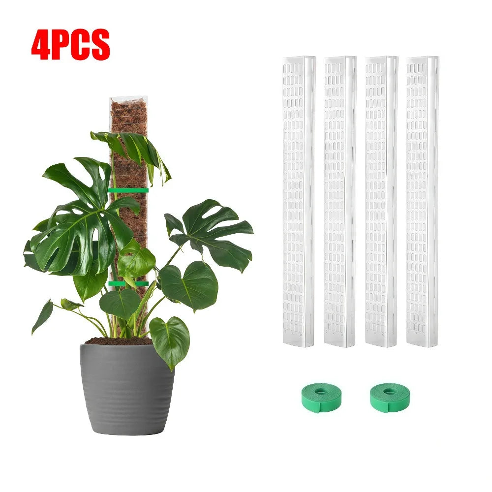 Four pieces of plastic moss pole plant support for climbing plants with a potted green plant.