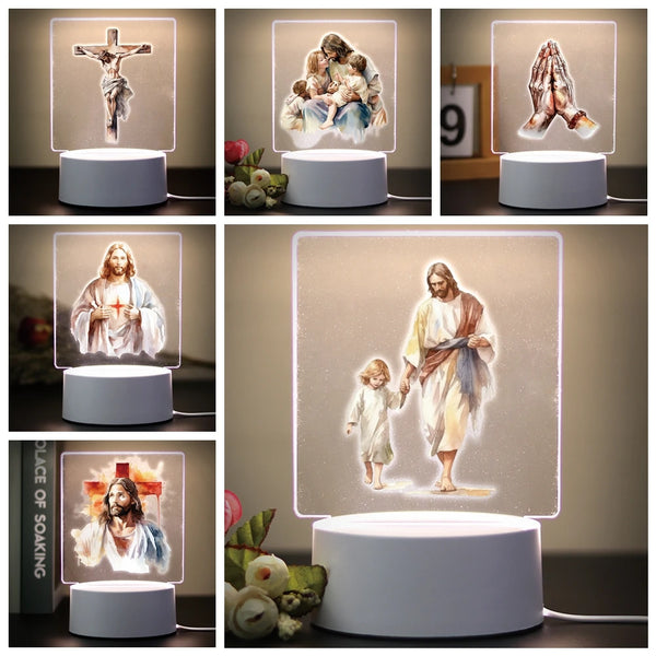 A collection of 3D LED night lights depicting religious figures, including Jesus Christ and the Crucifixion.