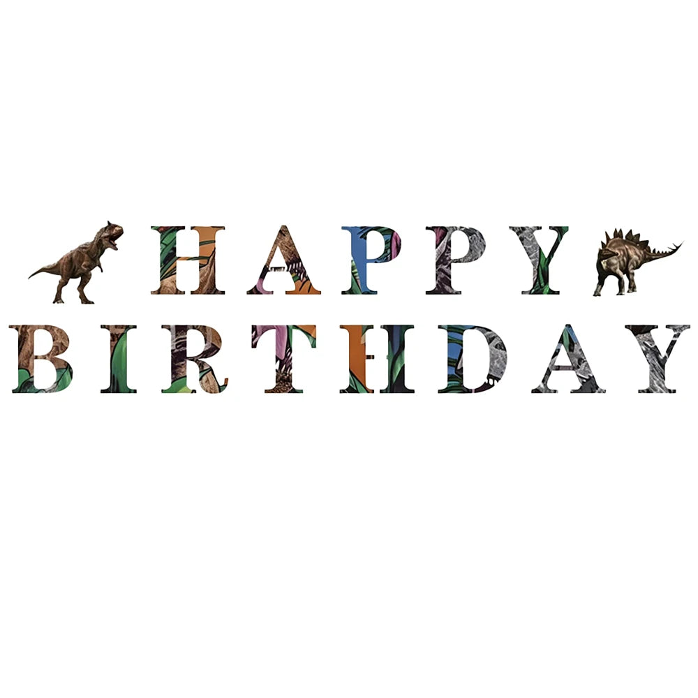 Text banner spelling out HAPPY BIRTHDAY made of dinosaur silhouettes