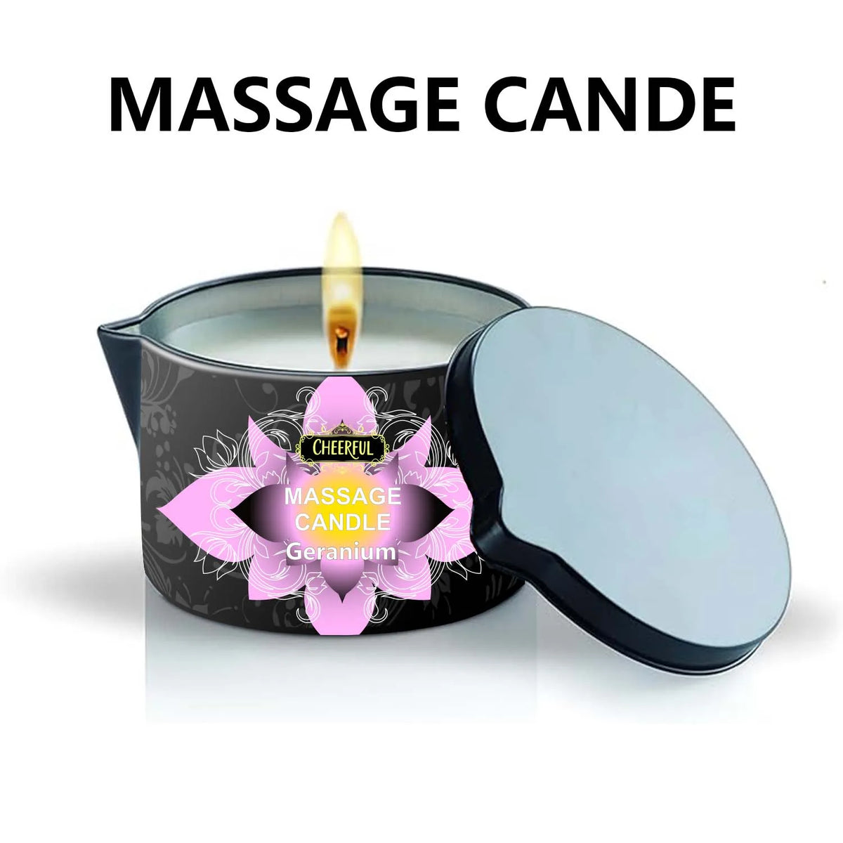 A massage candle in a tin with a lit wick and a silver lid.