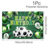 A green polyester backdrop featuring a happy birthday banner and soccer balls and balloons.