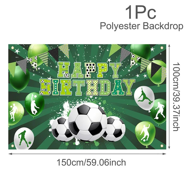 A green polyester backdrop featuring a happy birthday banner and soccer balls and balloons.