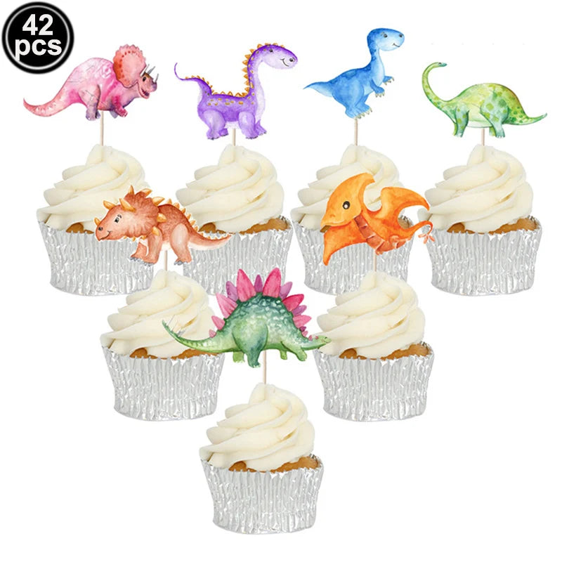 A set of 42 dinosaur-themed cupcakes displayed on a stand for kids' party decor
