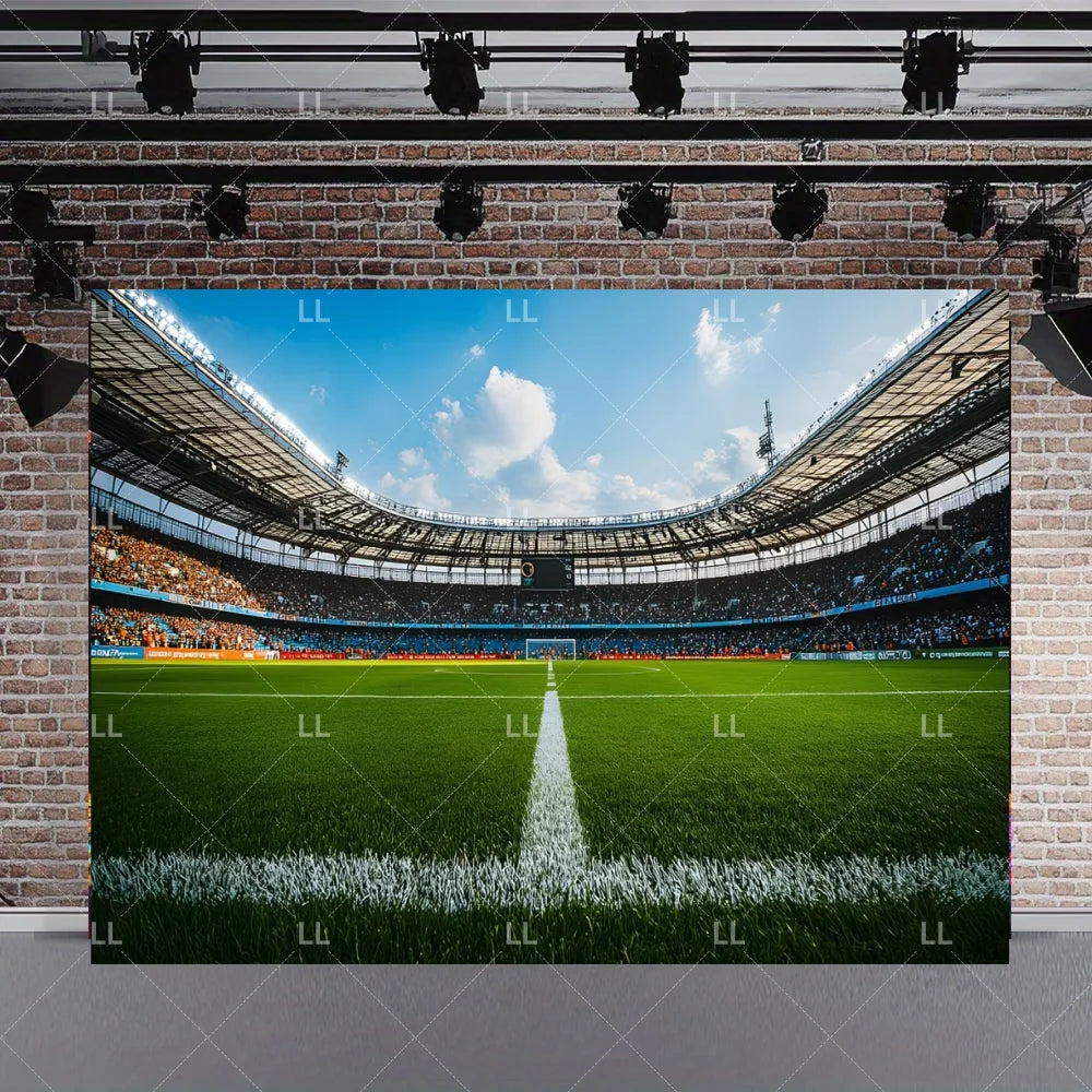 A wide shot of a professional soccer field with a goal, set against a brick wall backdrop.