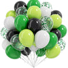 A bunch of assorted latex balloons in shades of green, white, and black with confetti patterns.