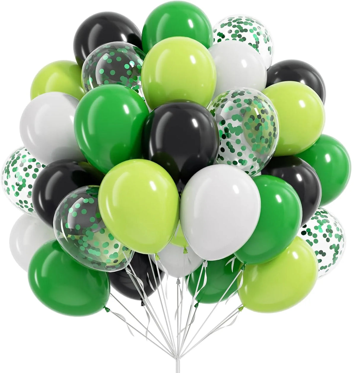 A bunch of assorted latex balloons in shades of green, white, and black with confetti patterns.