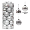 A set of 24 festive Christmas tree ornament balls in various silver and glitter finishes.