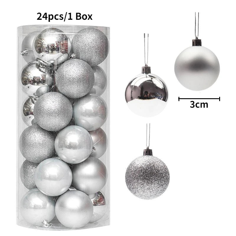 A set of 24 festive Christmas tree ornament balls in various silver and glitter finishes.