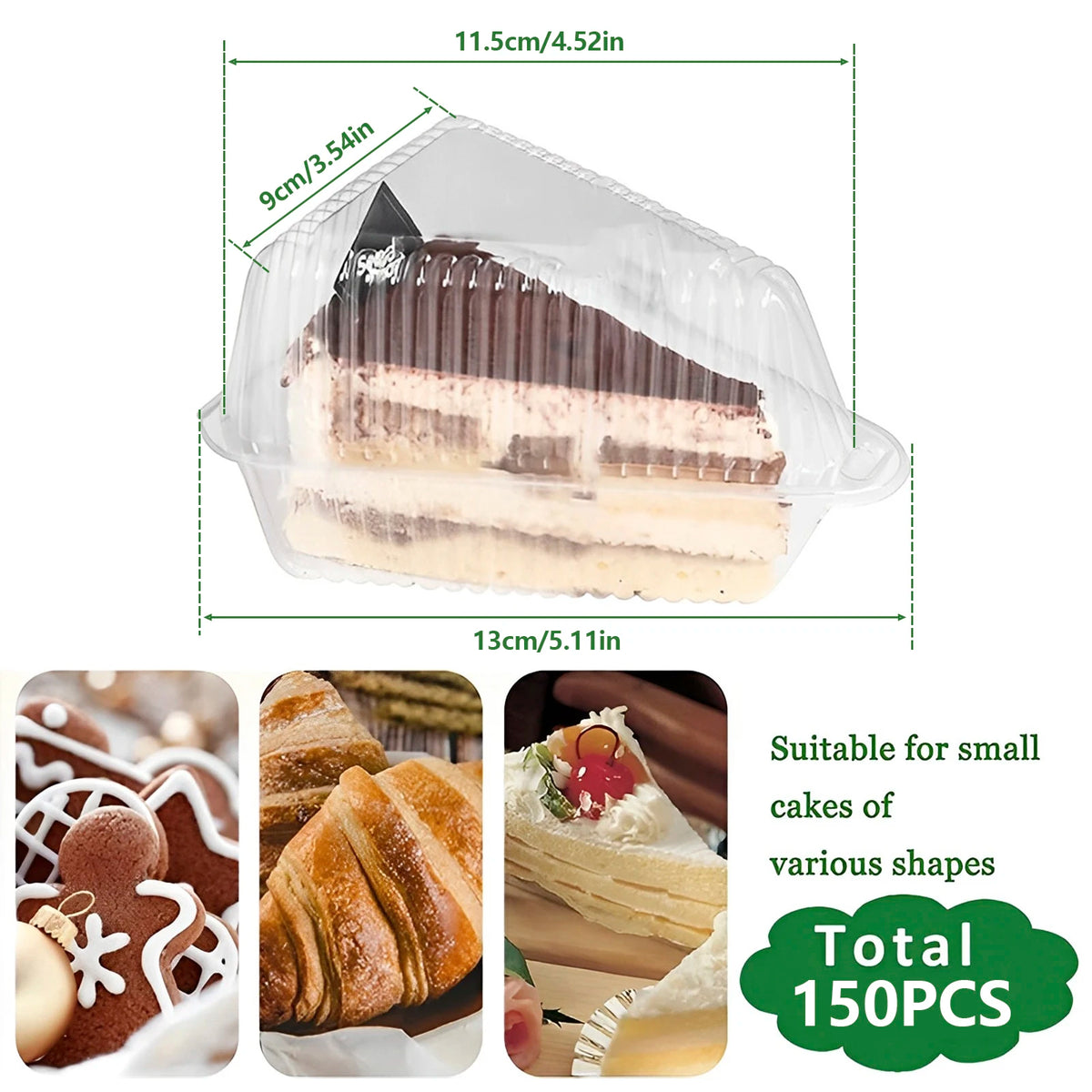Clear plastic containers holding triangle slices of cake or pastry.
