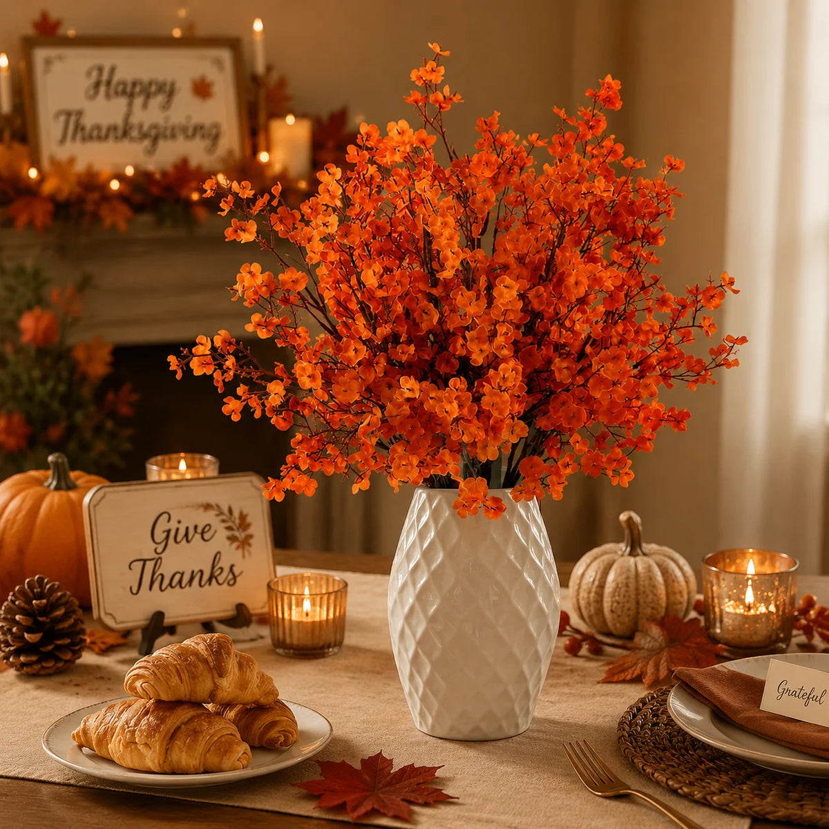 A bouquet of bright orange artificial baby's breath flowers displayed in a white textured vase on a wooden table.