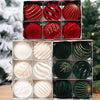 A set of velvet Christmas tree hanging ornaments in red and gold colors displayed in clear compartments.