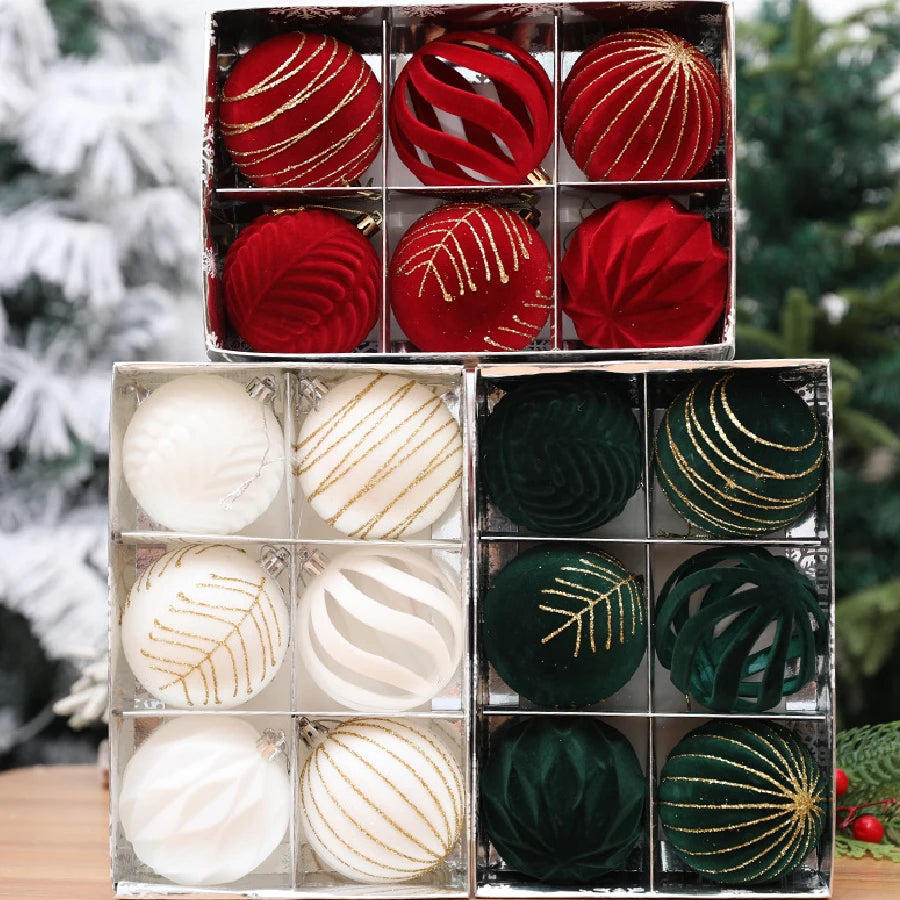 A set of velvet Christmas tree hanging ornaments in red and gold colors displayed in clear compartments.