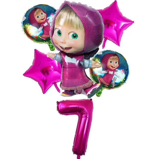 A set of pink and green balloons, plates, and cups for a Masha and The Bear birthday party.