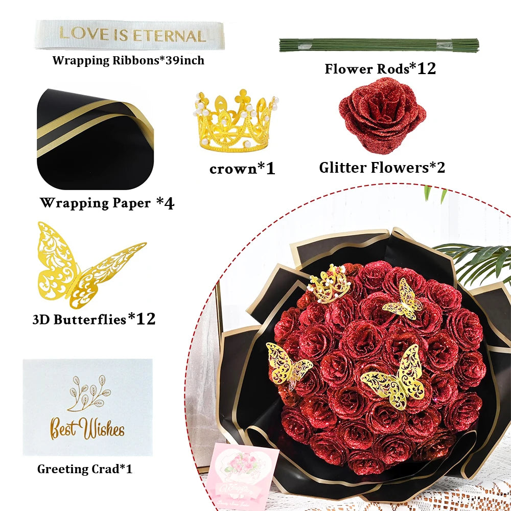 A dark floral arrangement of red roses with gold glitter butterflies presented in a black decorative box.