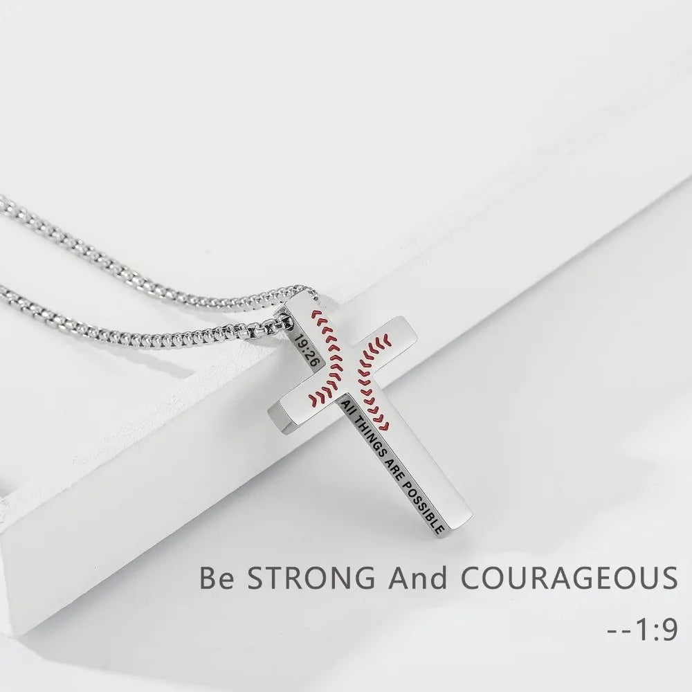 Silver stainless steel cross pendant necklace with a baseball pattern and the inscription All things are possible