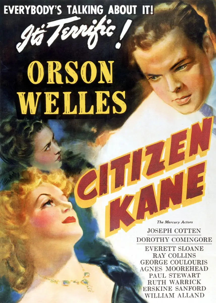A vintage cinema art canvas poster featuring the title Its Terrific! and the name Orson Welles, with images of Citizen Kane a