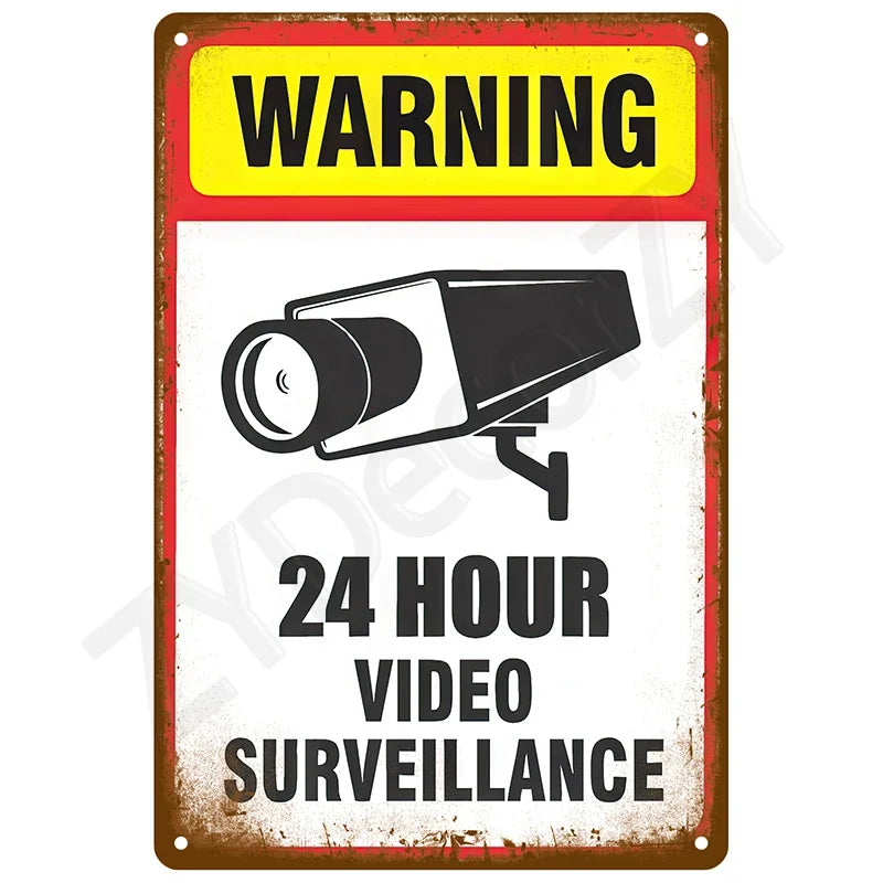 A vintage warning sign with a yellow banner and black graphic indicating 24 hour video surveillance.