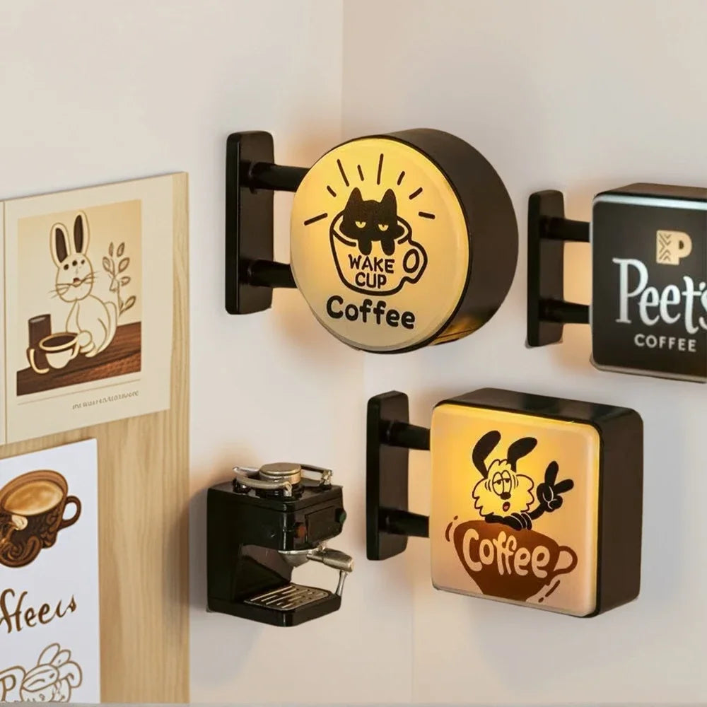 Retro coffee corner magnetic fridge decor featuring a glowing light sign with a cat and coffee design